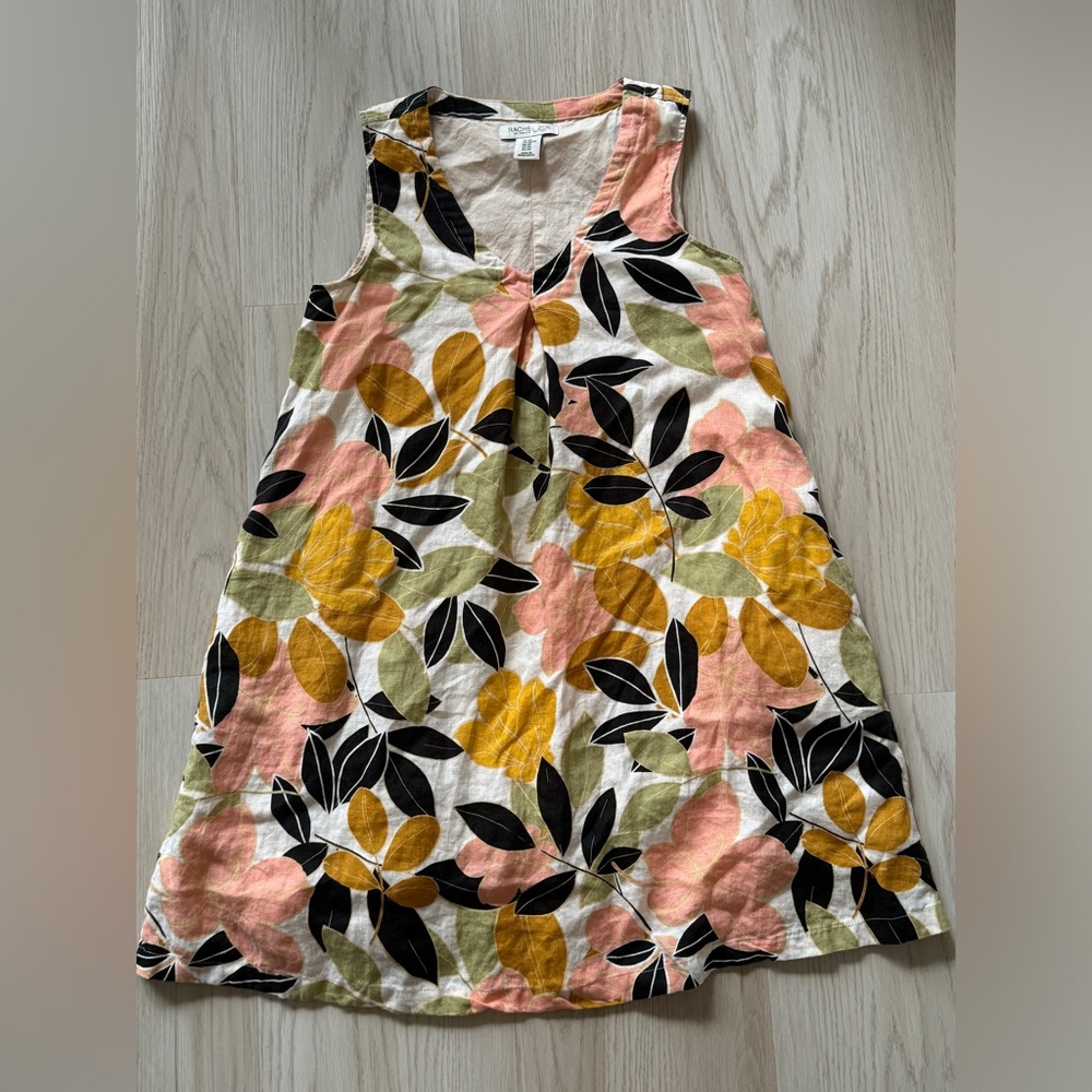 Rachel Zoe linen a line floral print mini tunic dress pockets v-neck XS